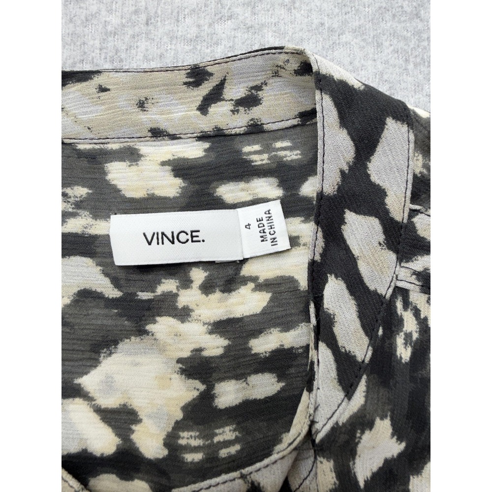Vince Shirt Womens 4 Black Animal Print Henley Roll Tab Long Sleeve Blouse Sheer - Picture 2 of 6